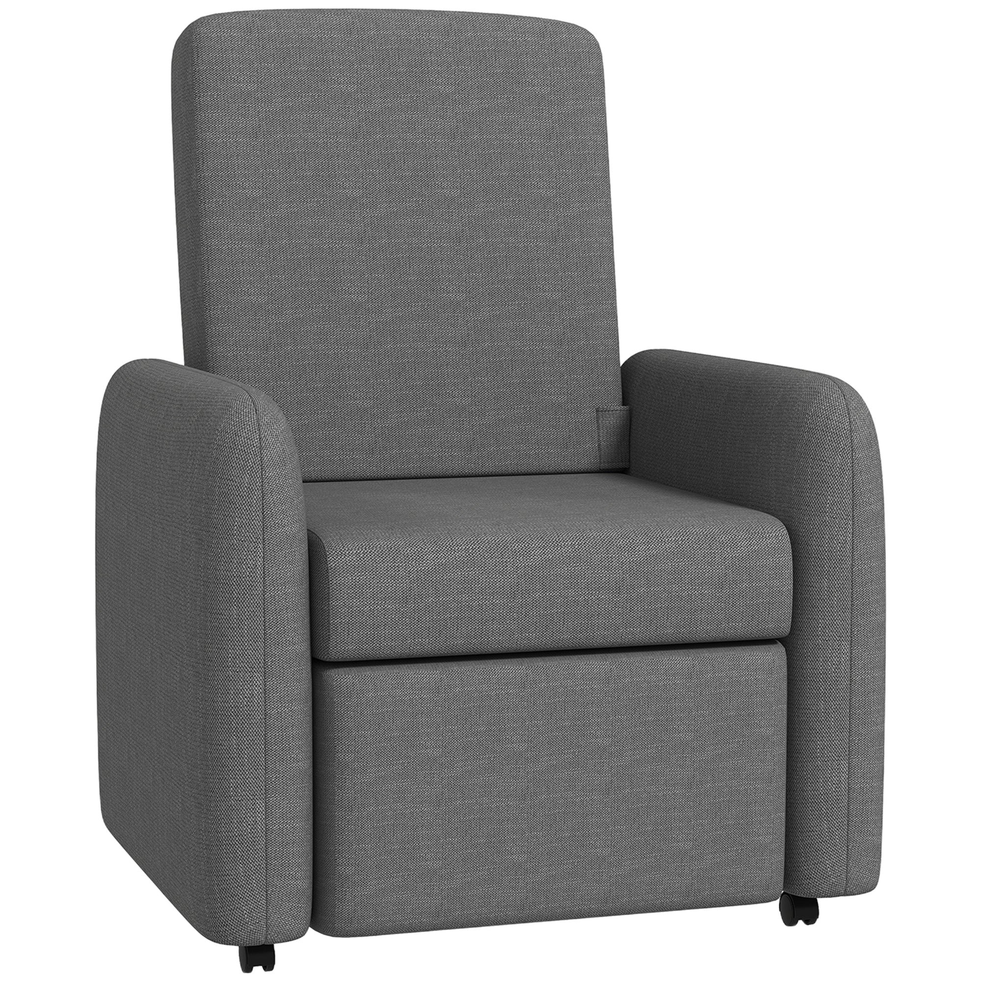 Reclining Armchair 115° max with Footrest and 4 Wheels, in Polyester and Wood, 76x78.5x102 cm, Gray