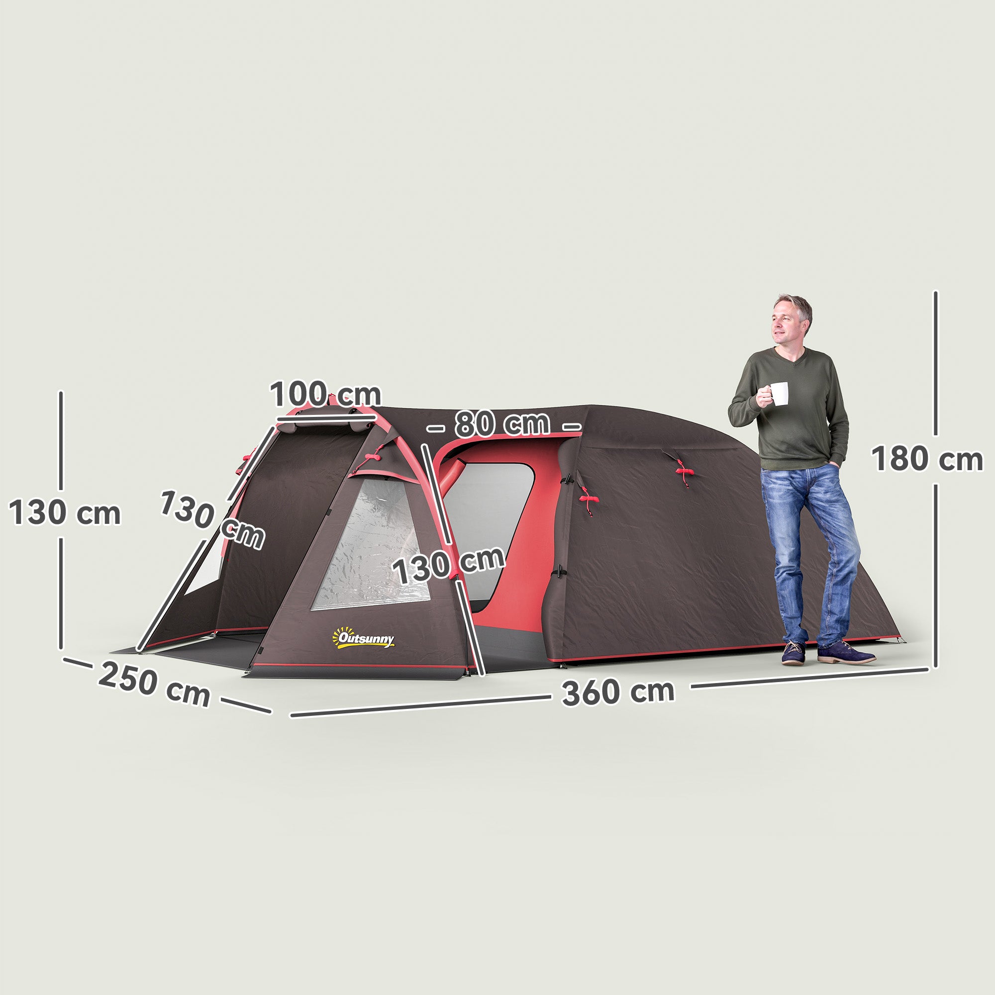 2-4 Person Camping Tent with Separate Rooms, Waterproof with Double Doors, Gray