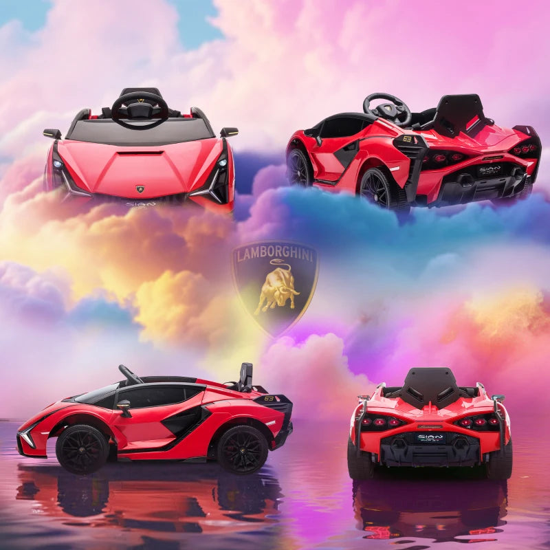 Electric Ride-On Toy Car for Kids 3-5 Years Old 12V Lamborghini SIAN, 3-5km/h Electric Car for Kids with 2 Motors, Headlights and Music, Remote Control, Seat Belt and Horn, Red