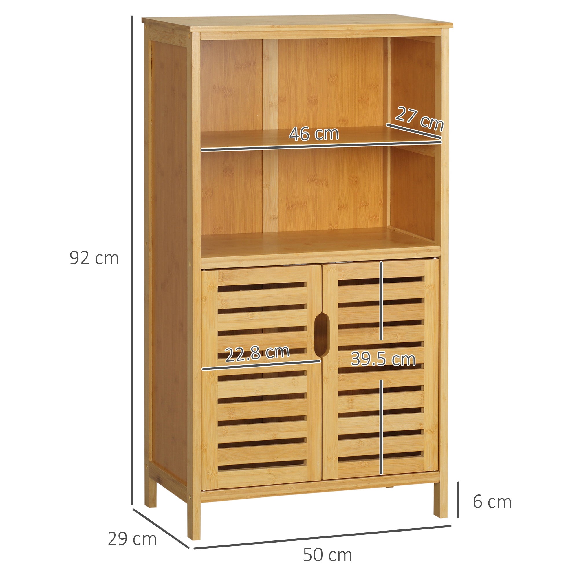 Space-Saving Wooden Bathroom Cabinet with Cupboard, 2 Doors and 2 Open Shelves, 50x29x92 cm
