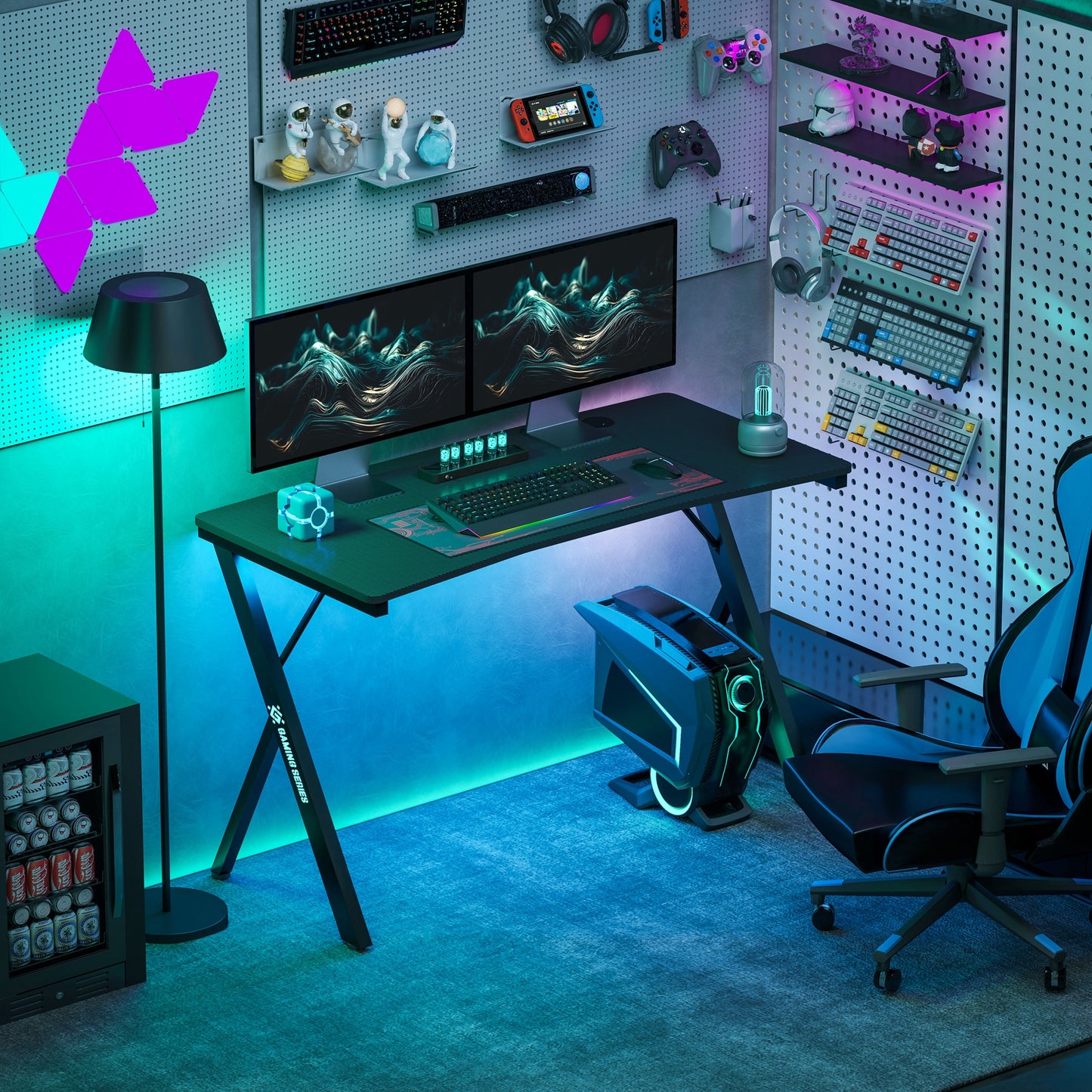 Gaming Desk with Adjustable RGB LED Lights and K-Shaped Legs, Made of Wood and Steel, 120x60x75 cm, Black