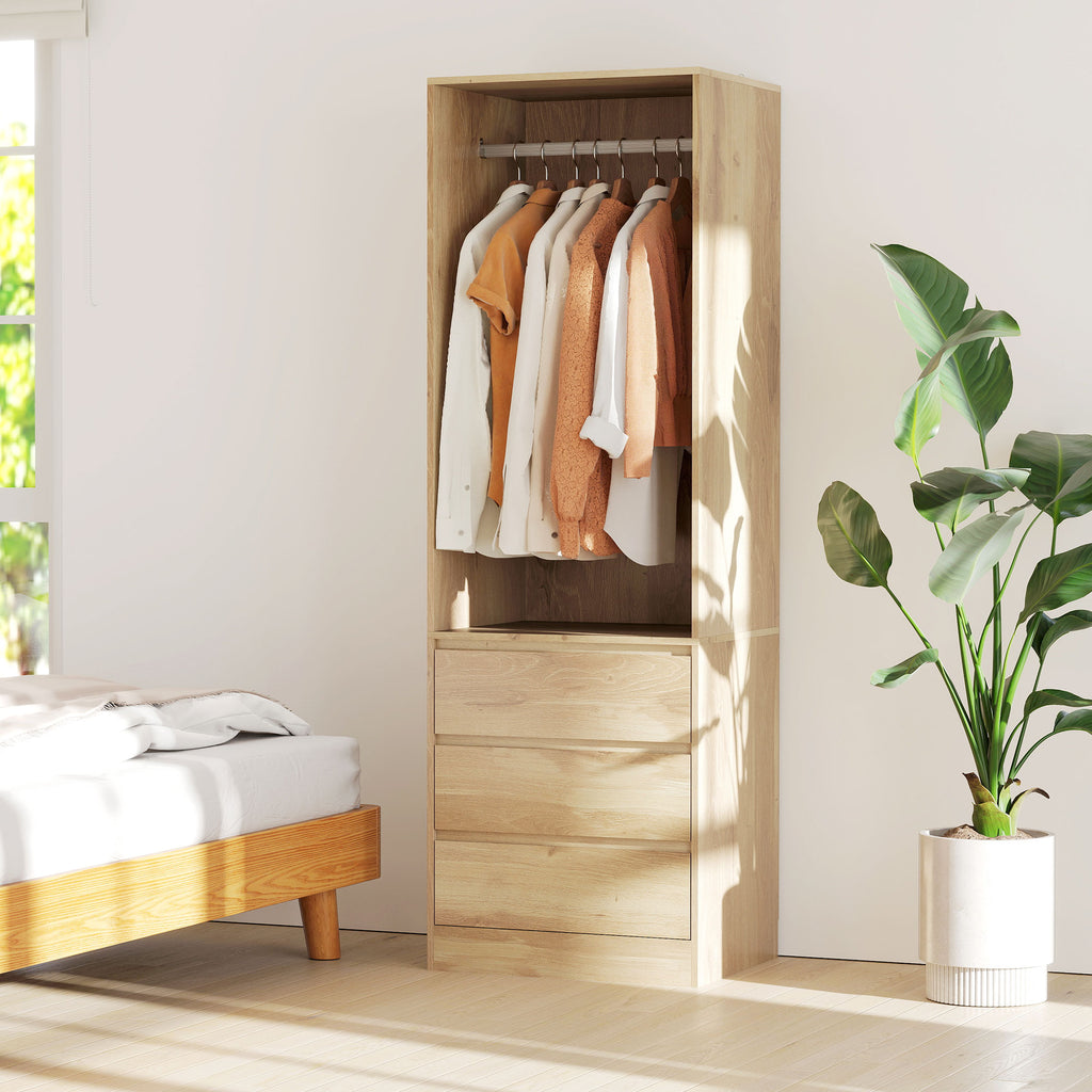 Wardrobe with Clothes Rail, Open Shelf and 3 Drawers, in Wood, 60x48.5x185 cm, Teak color