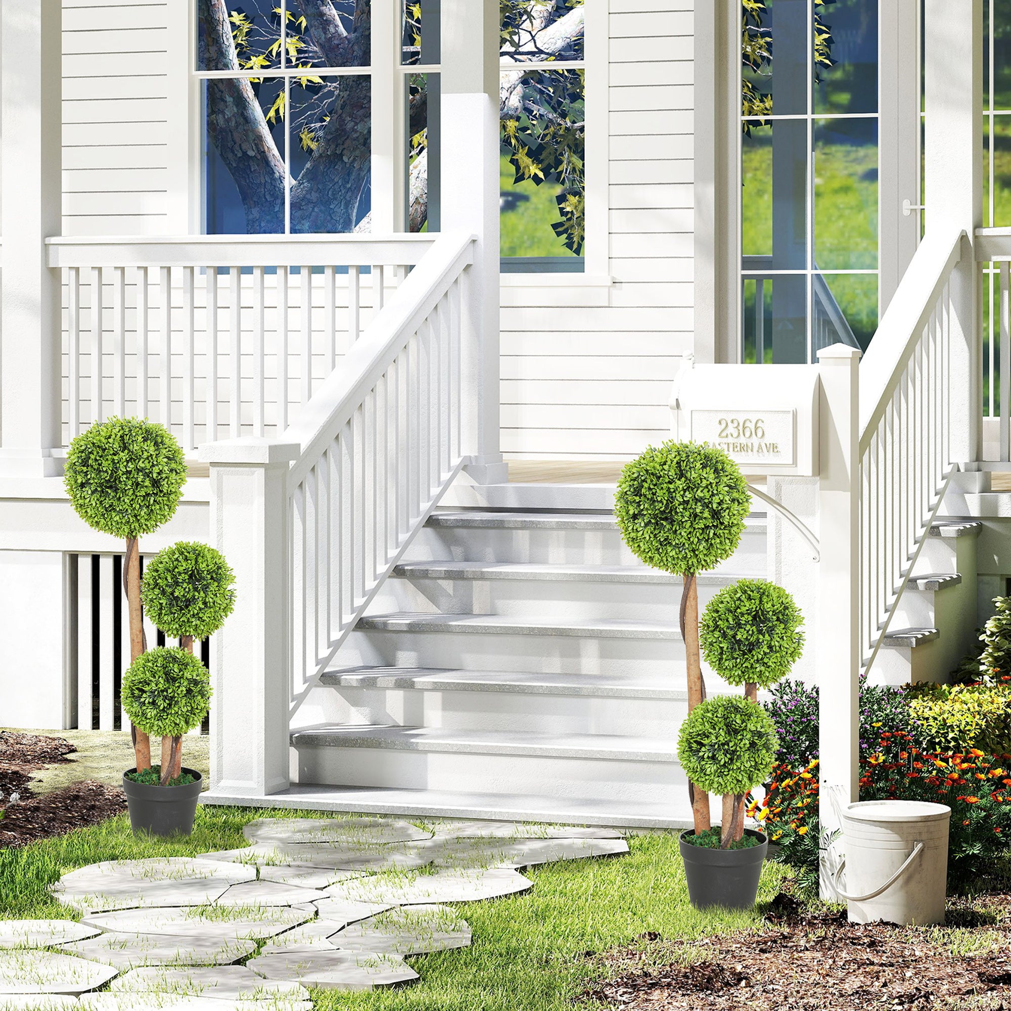 HOMCOM Set of 2 Artificial Boxwood Plants with 3 Balls, with Pot and Reinforced Bottom, Height 90 cm, for Indoor and Outdoor Use