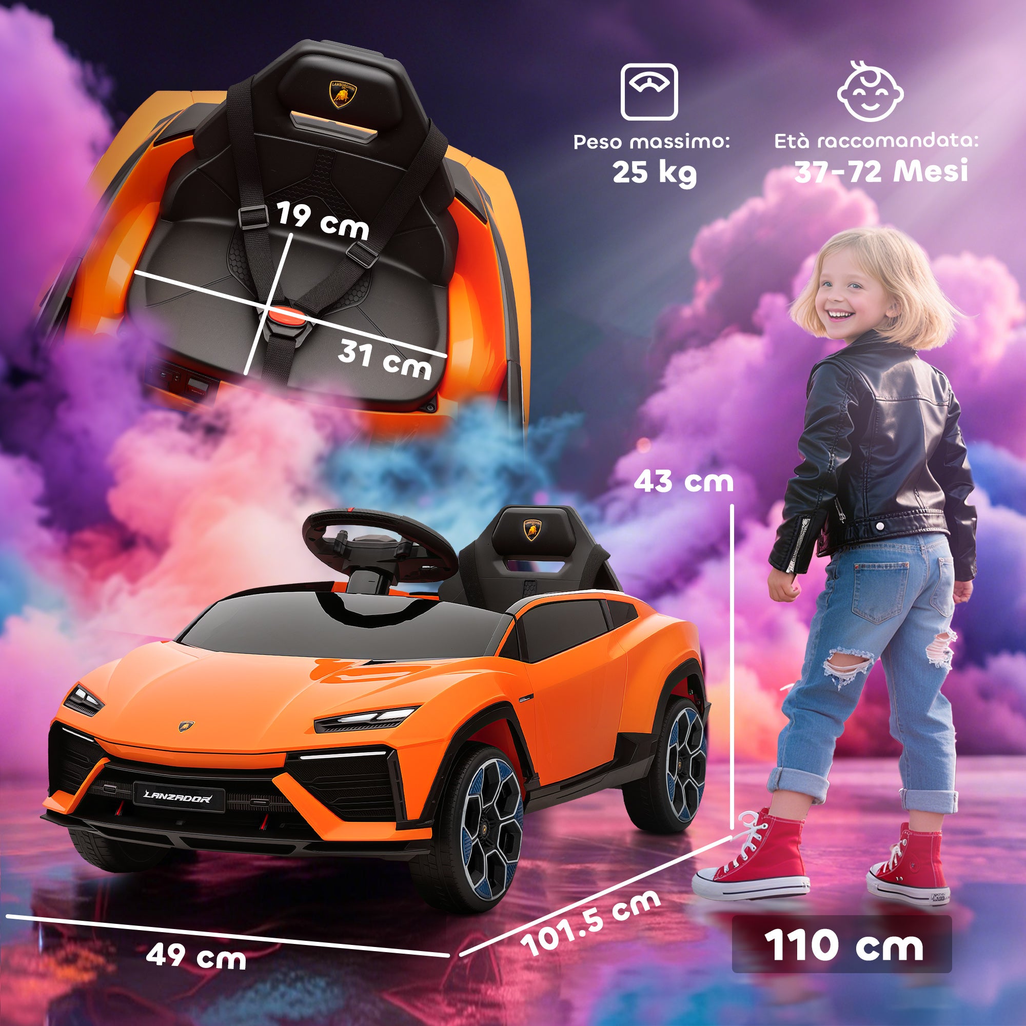 Electric Ride-On Car for Kids with Horn and Remote Control, MP3 Player, USB/AUX, LED Lights, Lamborghini License, Orange