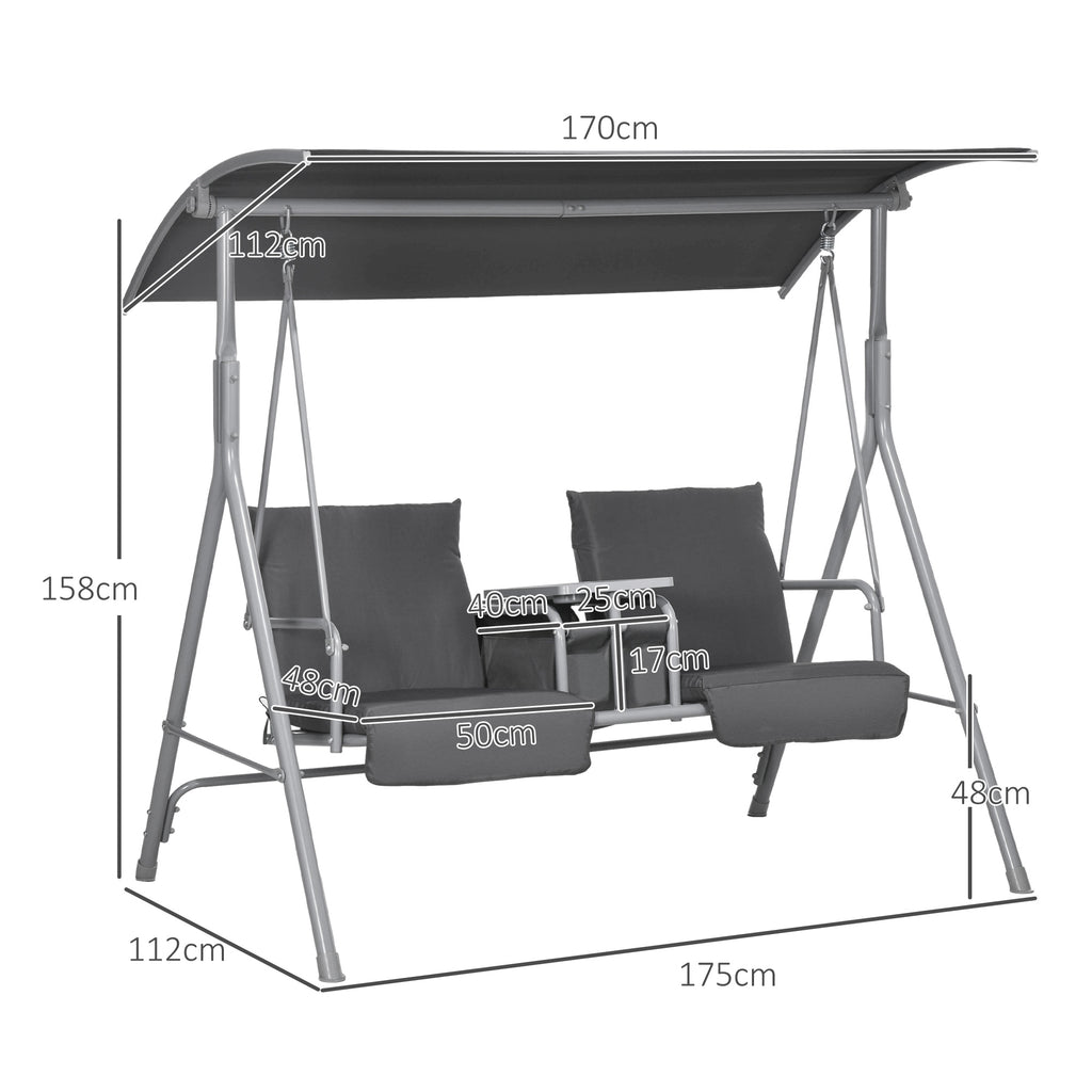 Outsunny 2-seater swing with coffee table and cup holder, in metal and polyester, 175x110x165 cm, gray - Borgè