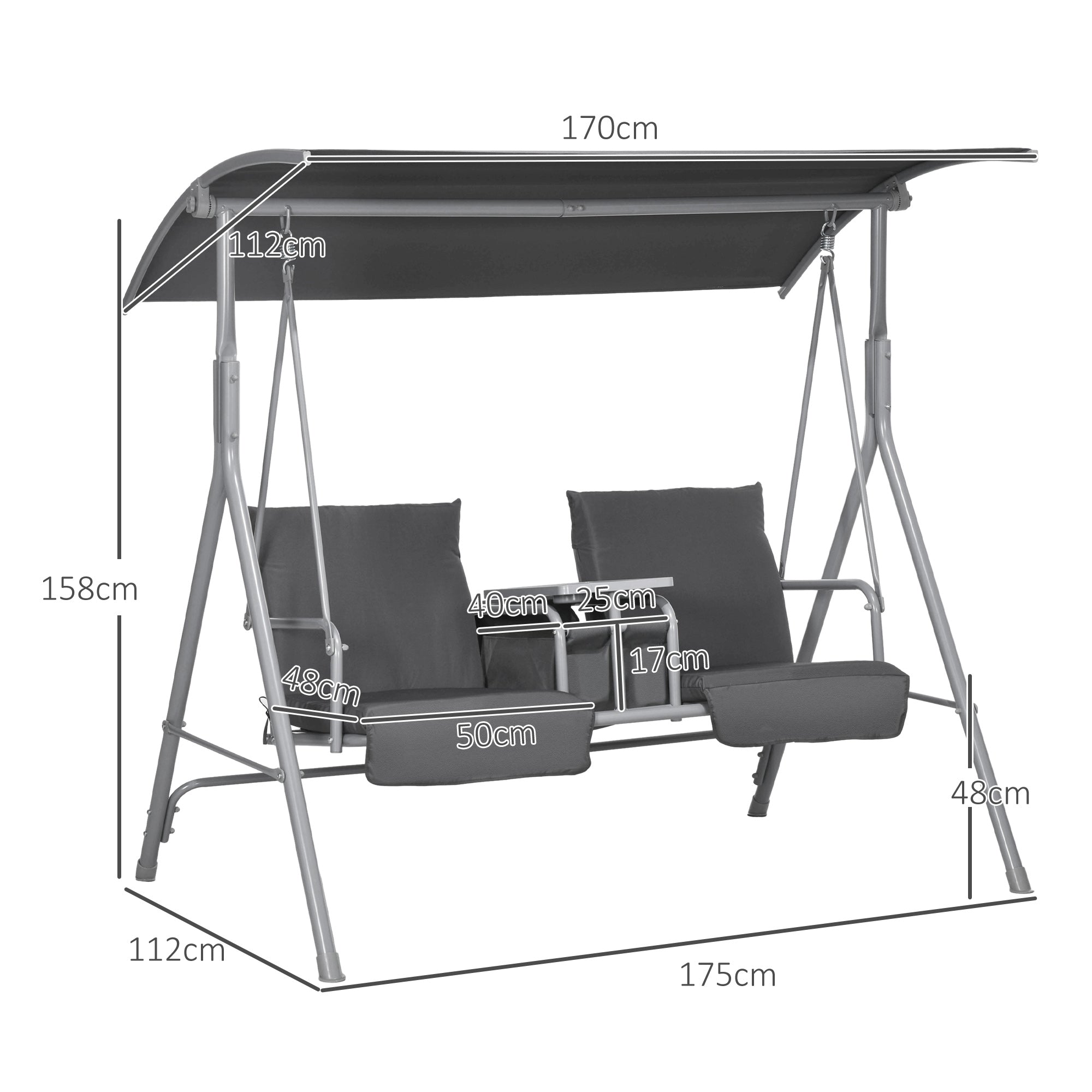 Outsunny 2-seater swing with coffee table and cup holder, in metal and polyester, 175x110x165 cm, gray - Borgè