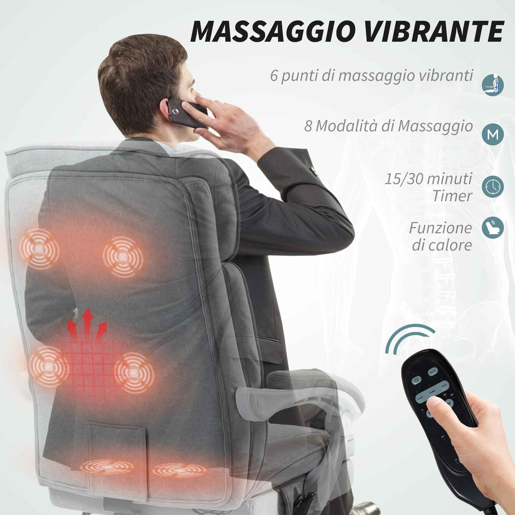 Heated Massage Office Chair, Reclining Linen Fabric Chair with Footrest, Grey