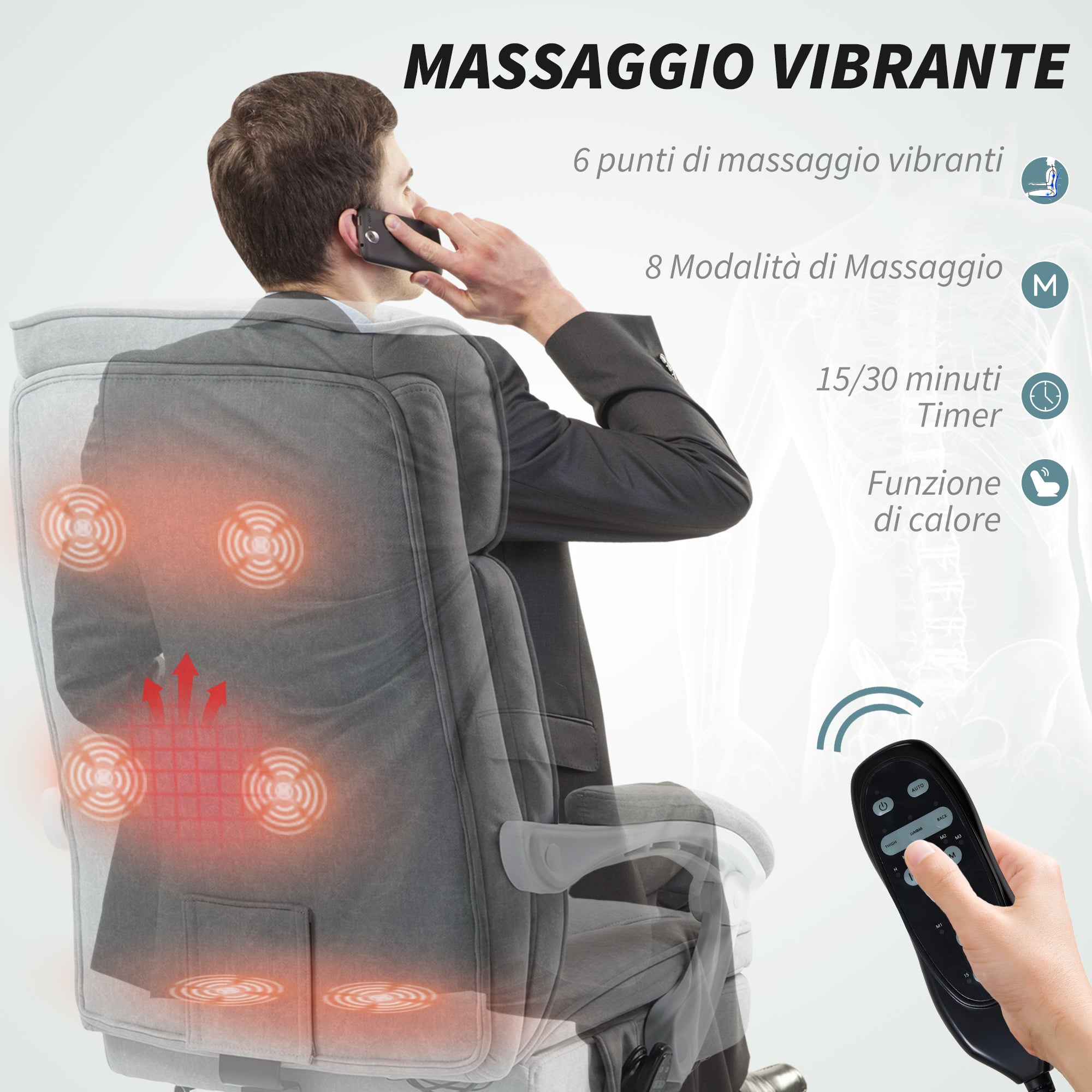 Heated Massage Office Chair, Reclining Linen Fabric Chair with Footrest, Grey