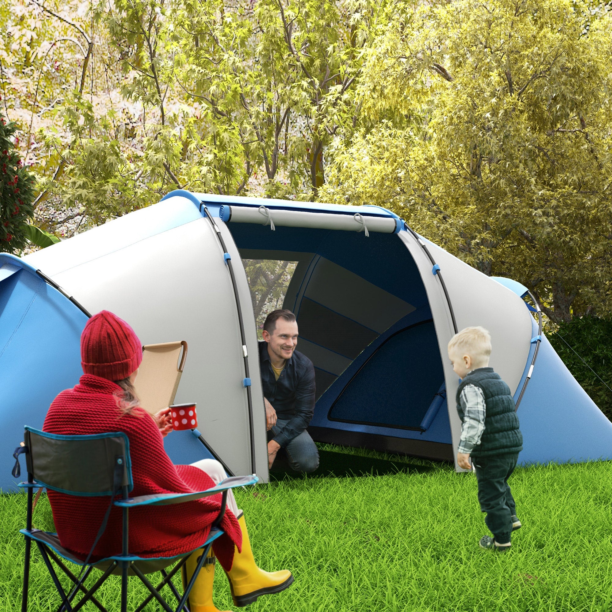 4-Person Camping Tent with 2 Sleeping Areas and Carry Bag, 430×240×170 cm, White and Blue
