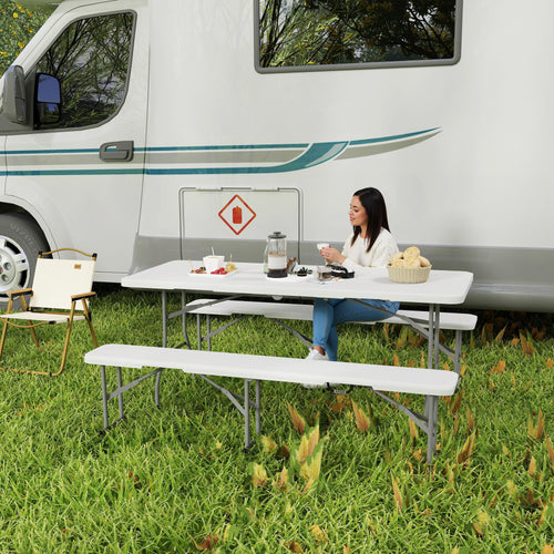 3-Piece Foldable Picnic Set with Table and 2 Benches in HDPE and Metal, White and Light Gray