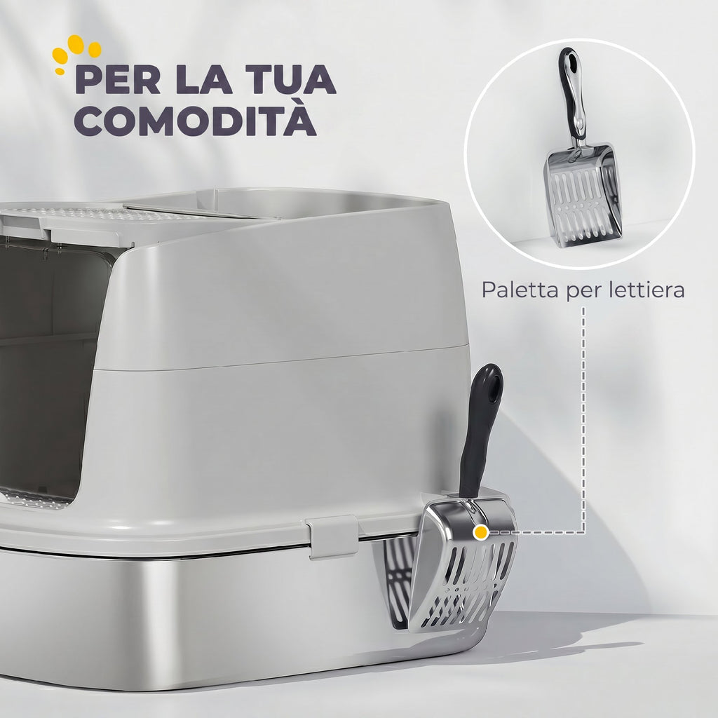 PawHut Stainless Steel Enclosed Cat Litter Box with Flip Lid, Double Door, Scoop, Light Grey