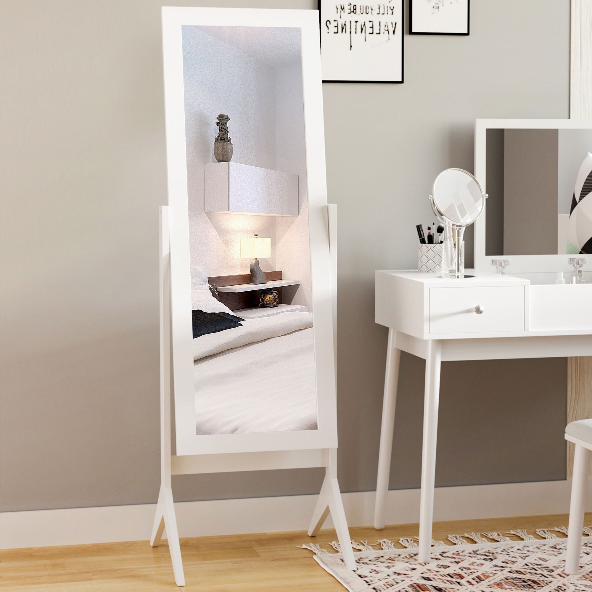 Full-Length Mirror with 4 Legs and Adjustable Angle, Wood and Glass, 47x46x148 cm, White