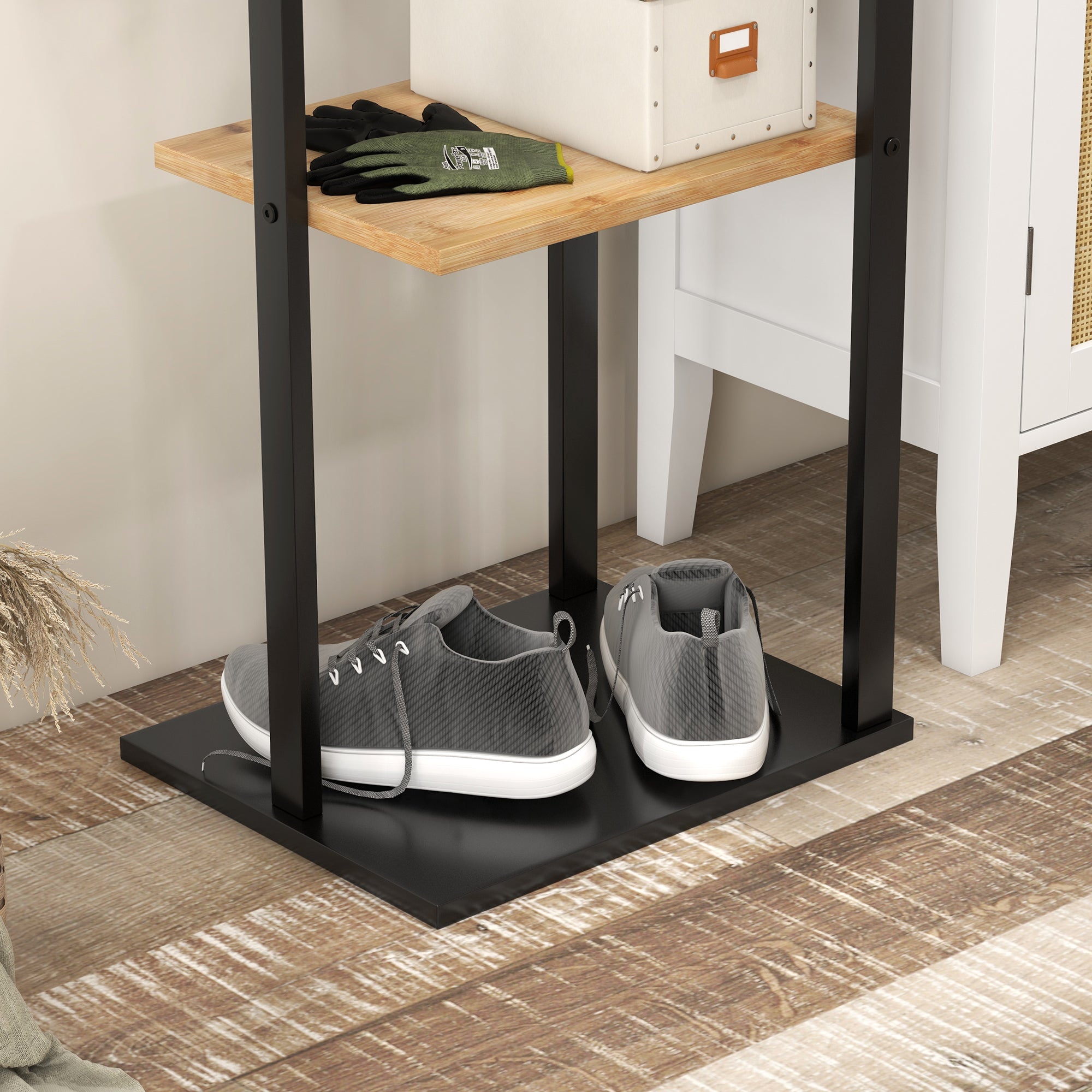 Freestanding Coat Rack with Central Bar, 4 Side Bars, 2 Hooks and 2 Shelves, Wood and Black