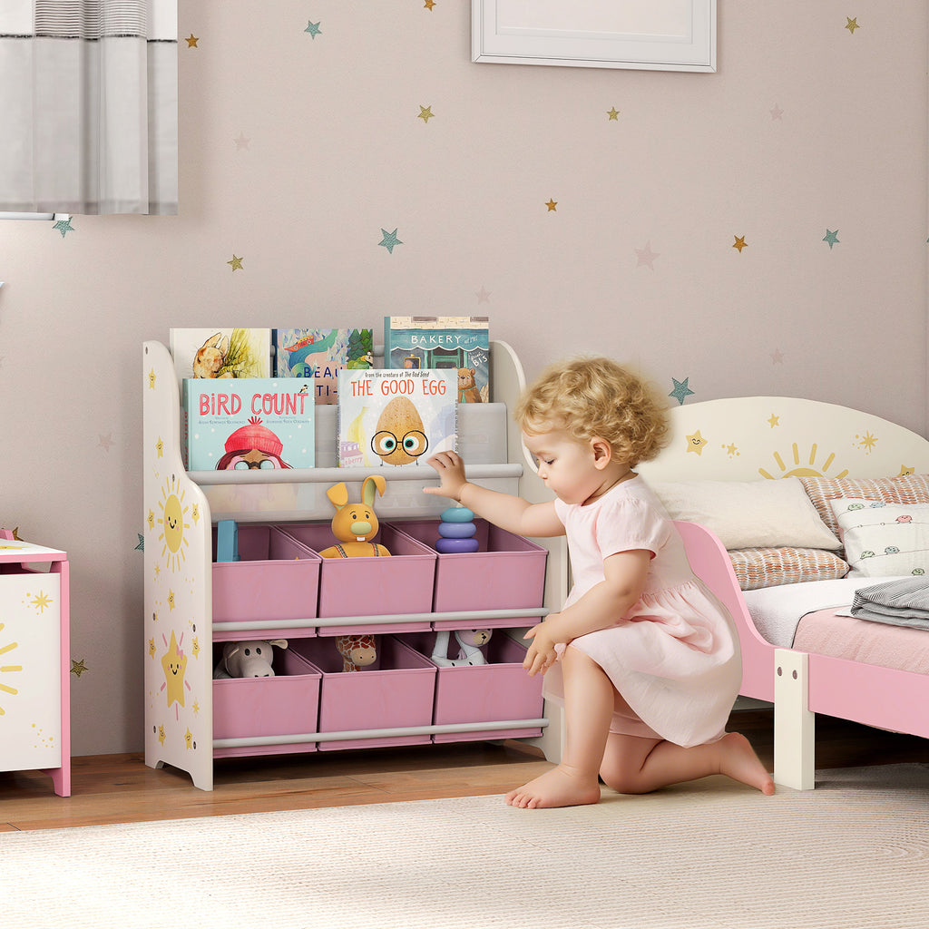 Toy Storage Shelf with 6 Fabric Drawers and 2-Tier Bookcase, Wood and Steel, 63x30x71 cm, Pink