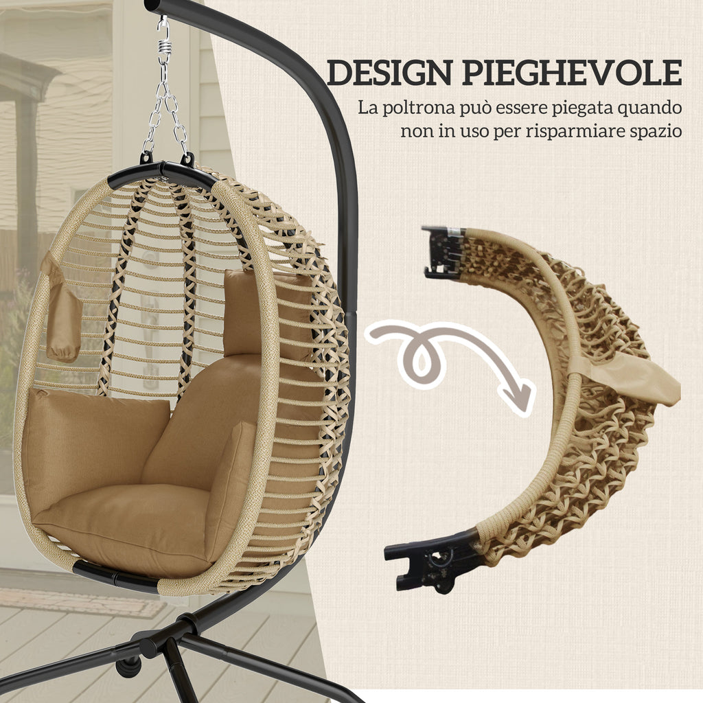 Outsunny Hanging Chair with Padded Cushion, Folding Seat and Steel and Rope Frame, Beige
