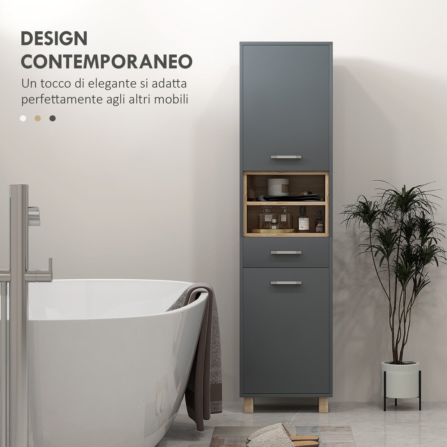 Modern Bathroom Column with Drawer and Cabinets in Wood and Aluminium Alloy, 40x24x160 cm, Grey