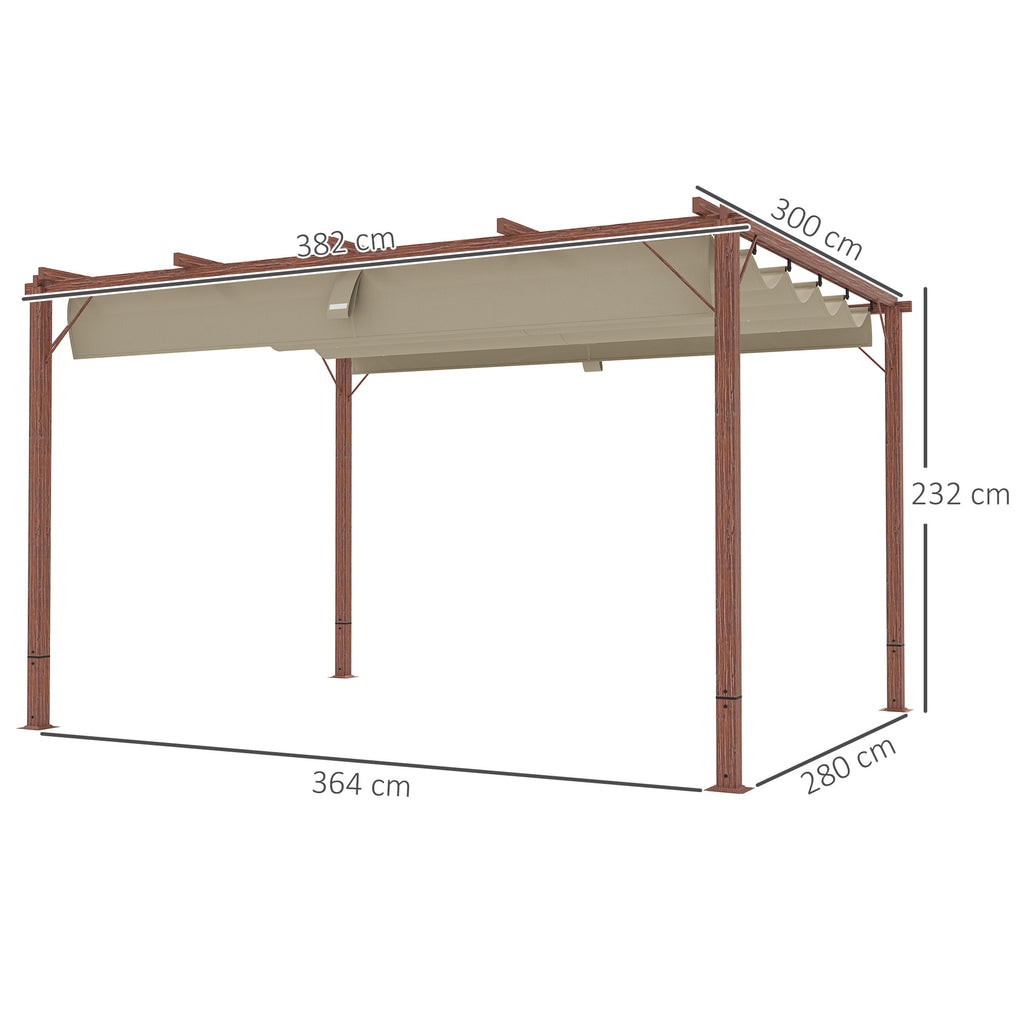 Gazebo Pergola with Retractable Roof, Pegs and Screws, in Polyester and Aluminum, 382x300x232 cm, Wood Color