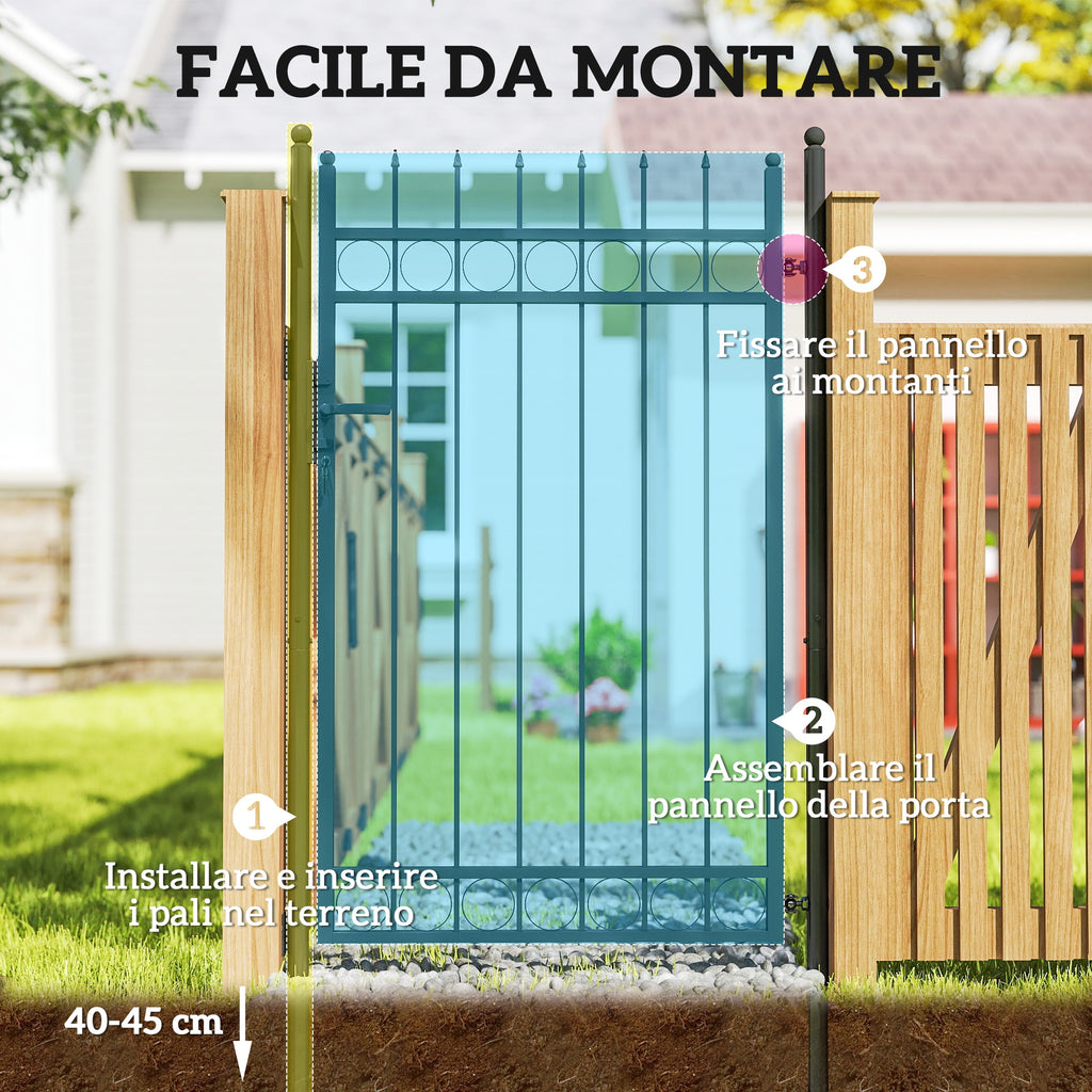 Garden Gate with 2 Posts with Handle, Padlock and 3 Keys, in Galvanized Steel, 105x204 cm, Black