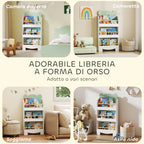 Children's Bookcase with 3 Shelves in the Shape of a Bear with Front Barriers, 55x15x110 cm, Green