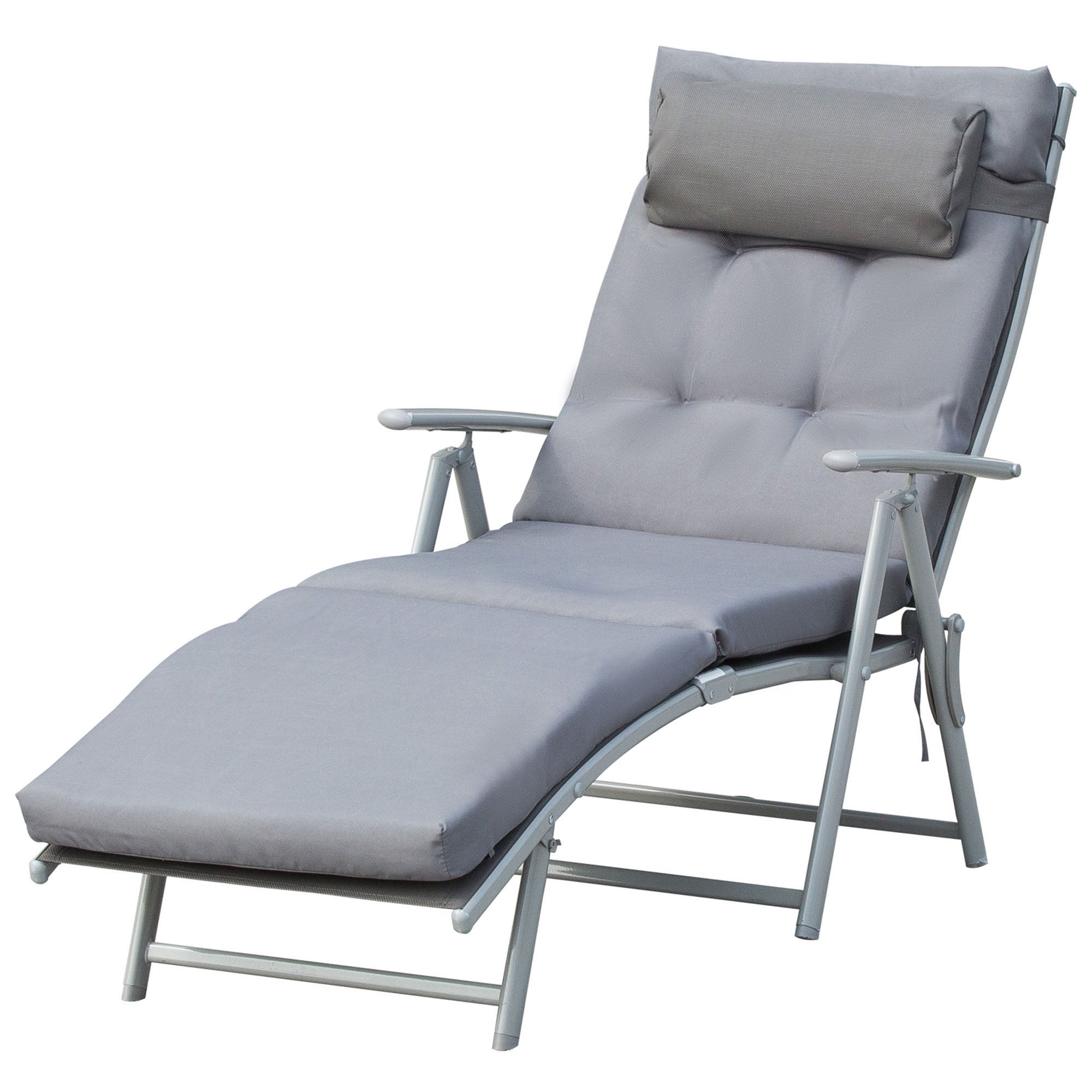 Folding Garden Lounger with Mattress and Cushion, 7-Reclining Backrest, 137x63.5x100.5cm, Grey
