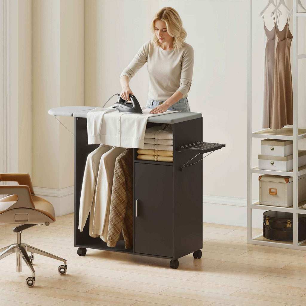 HOMCOM Ironing Board with Linen-Effect Top, 3 Cube Shelves and Rail, 127x42.5x99 cm, Black
