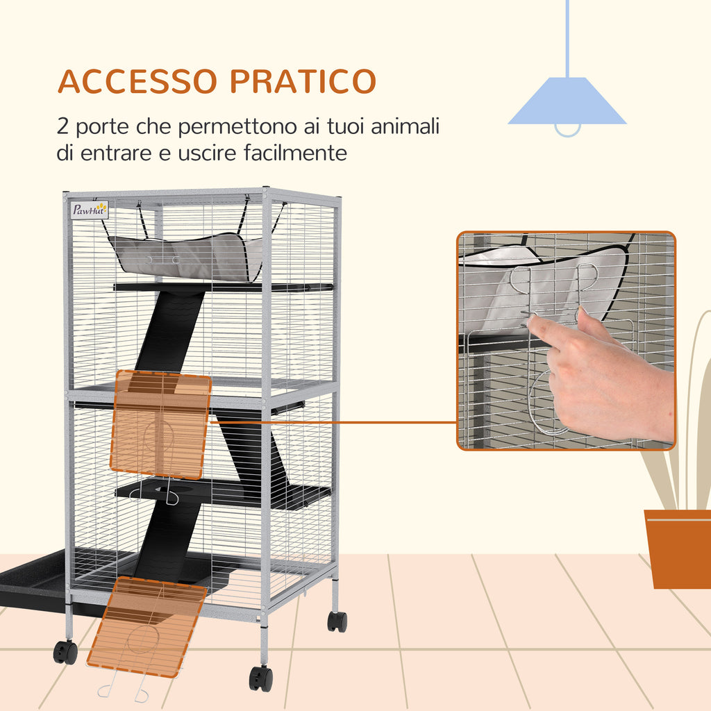Steel Guinea Pig and Chinchilla Cage with 3 Levels, Wheels and Removable Tray, Light Grey