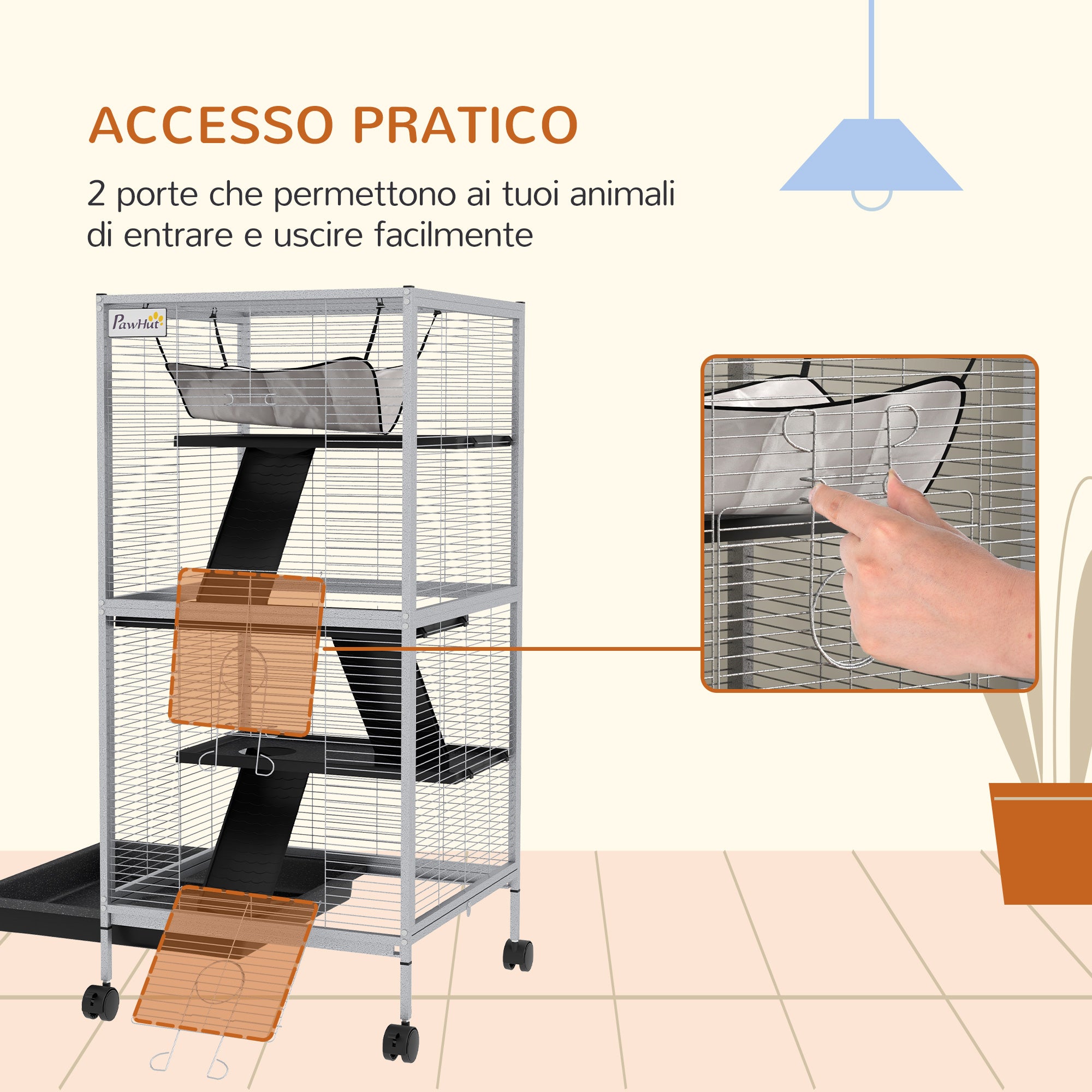 Steel Guinea Pig and Chinchilla Cage with 3 Levels, Wheels and Removable Tray, Light Grey