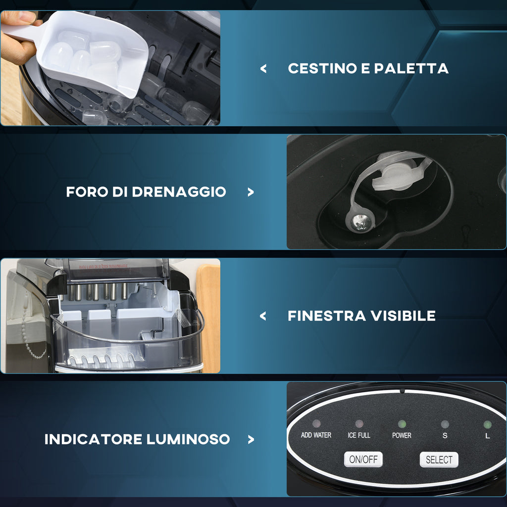 Self-Cleaning Ice Maker with 9 Cubes in 6-12 Minutes, in PP and Stainless Steel, 24.2x35.3x33 cm, Black - Borgè