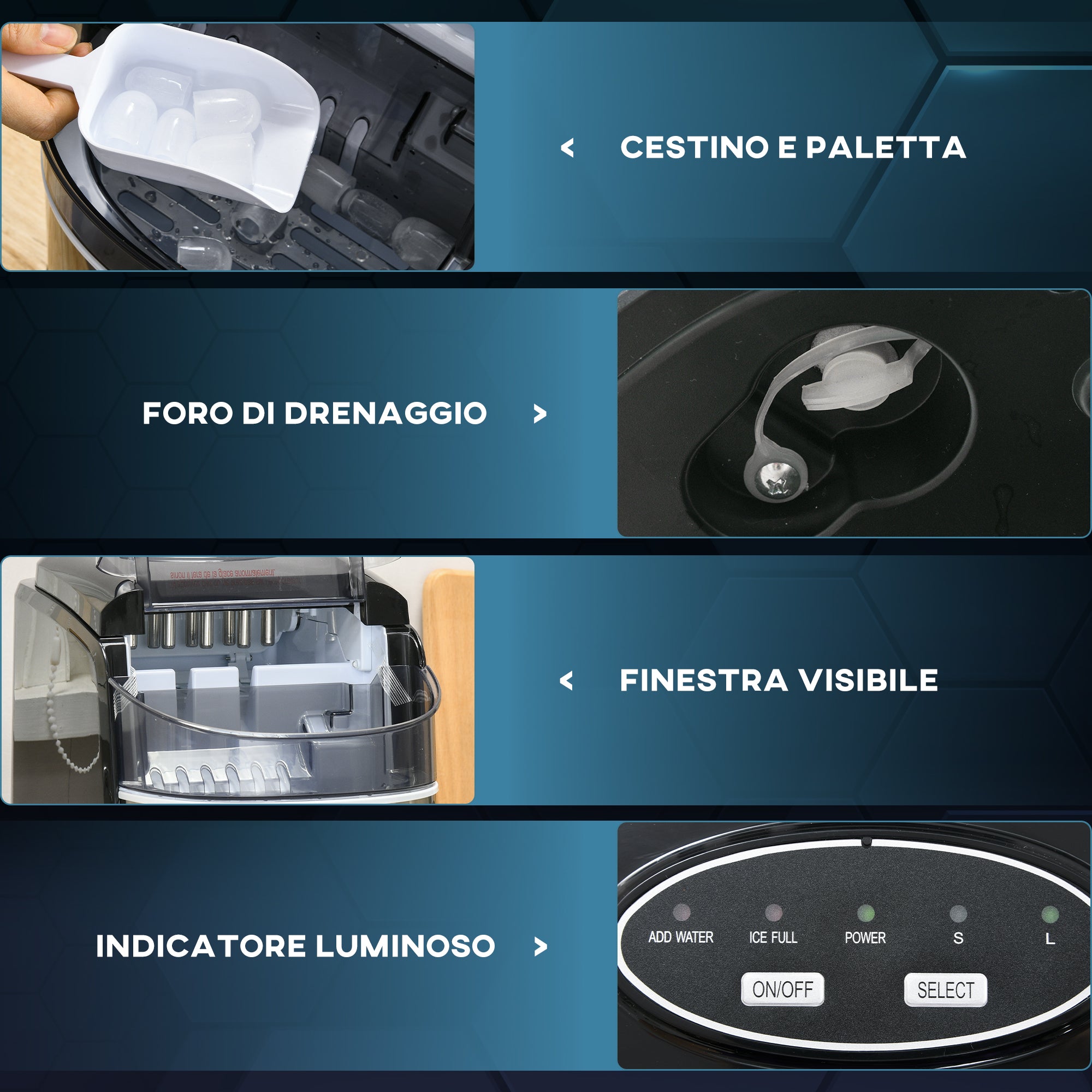 Self-Cleaning Ice Maker with 9 Cubes in 6-12 Minutes, in PP and Stainless Steel, 24.2x35.3x33 cm, Black - Borgè