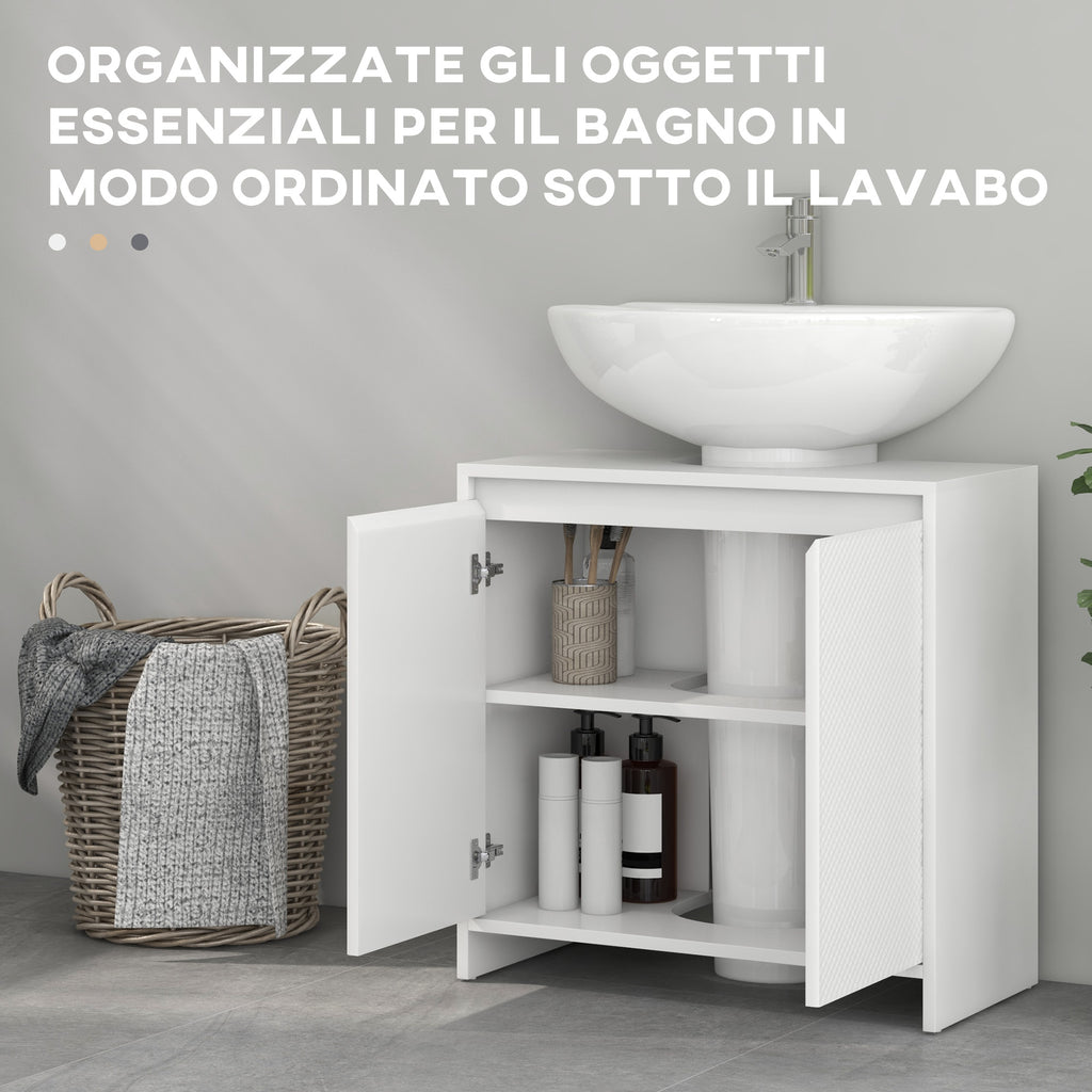 Bathroom Vanity Unit with 2 Decorated Doors and U-Cut for Pipes, 60x30x60cm, White
