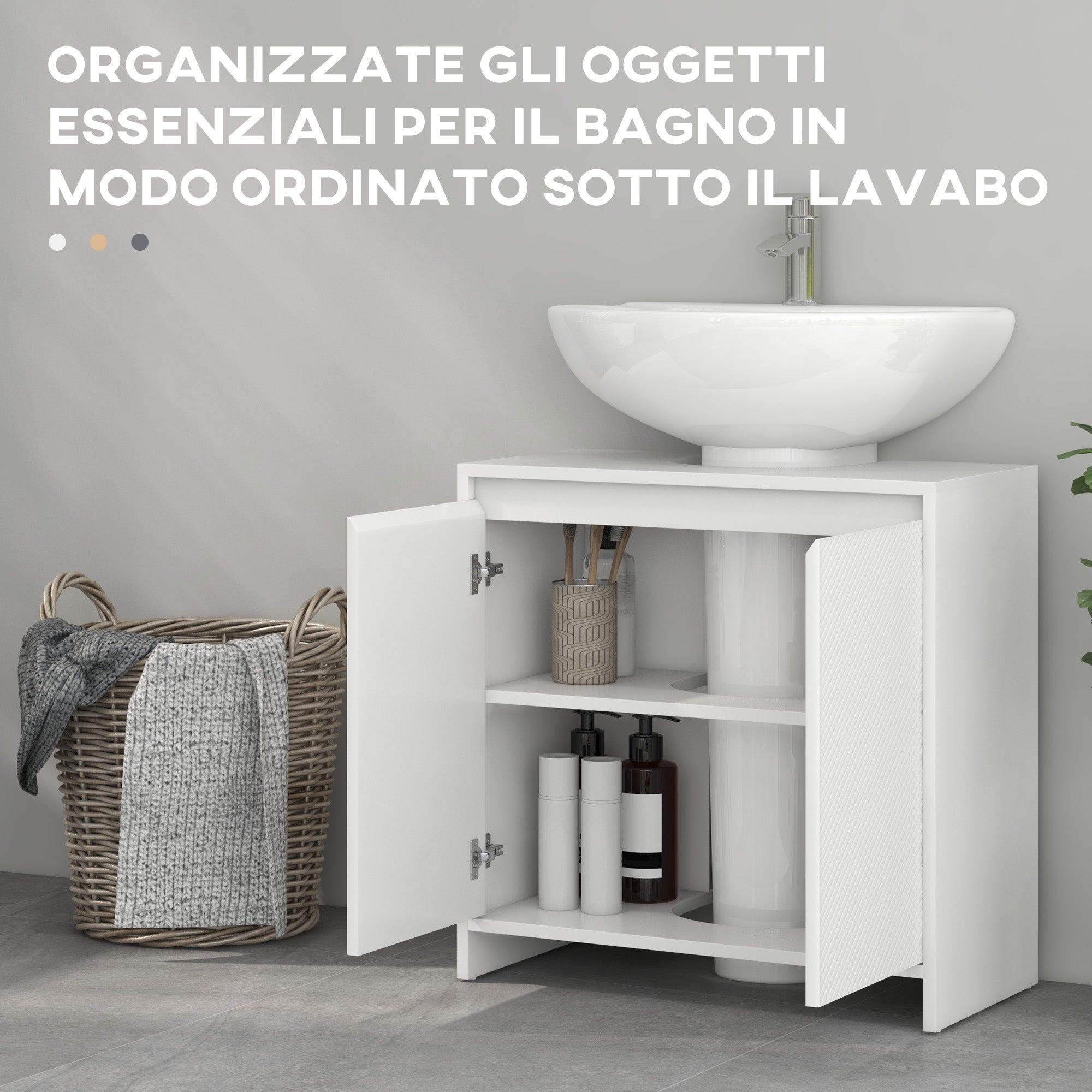 Bathroom Vanity Unit with 2 Decorated Doors and U-Cut for Pipes, 60x30x60cm, White