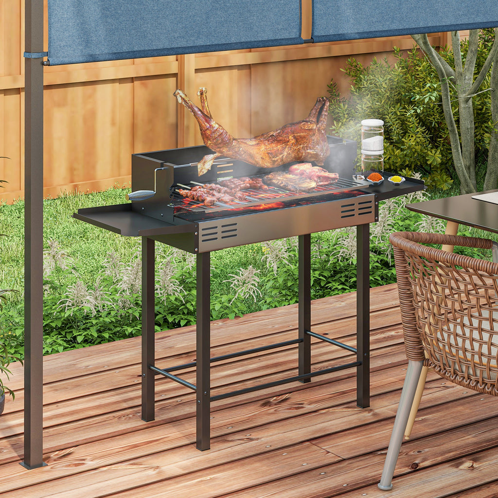 Outsunny 3-Level Charcoal Barbecue with Folding Shelves and Rotisserie, Stainless Steel, 118x32x90 cm, Black - Borgè