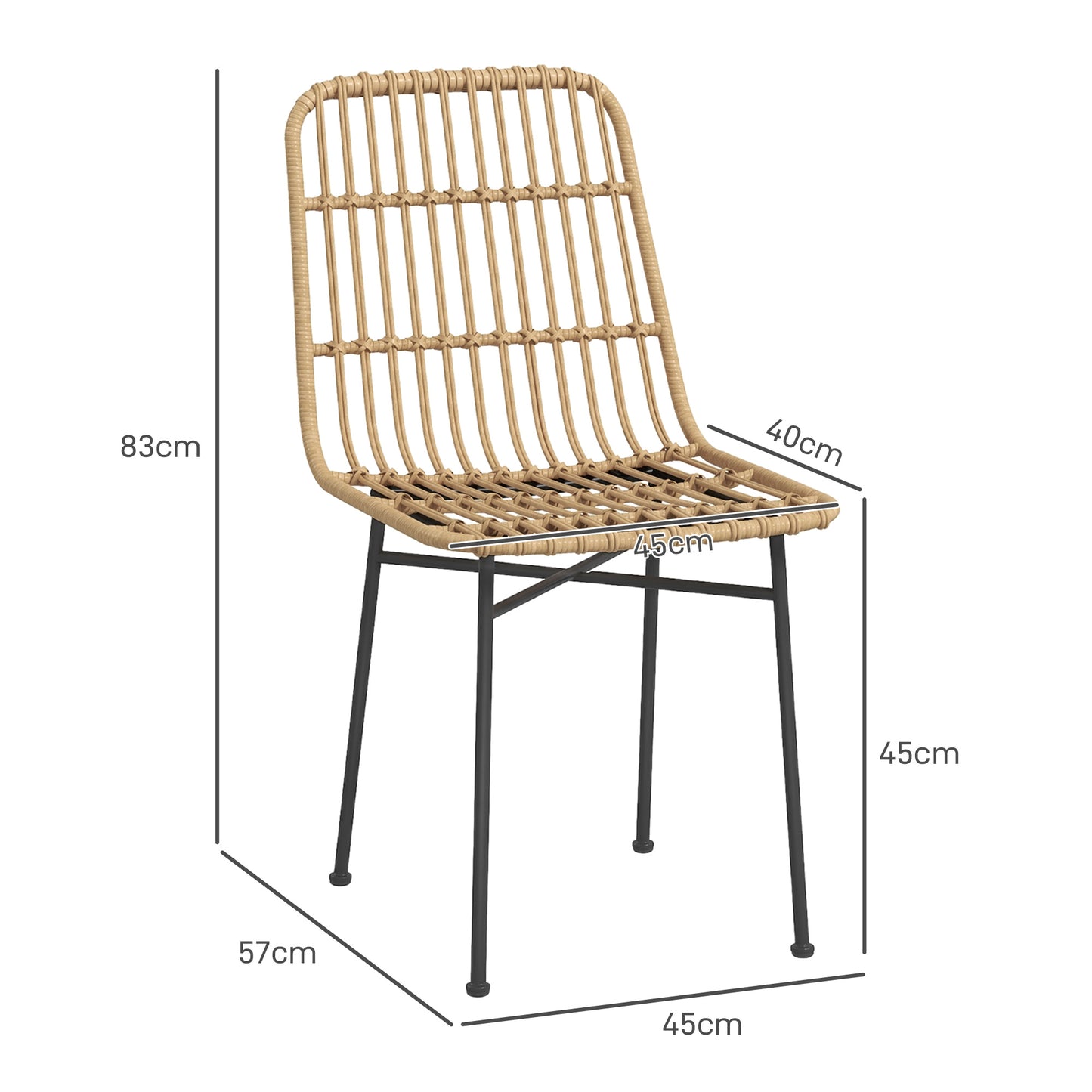 HOMCOM Set of 2 Boho Style Kitchen and Living Room Chairs in PE Rattan and Steel, 45x57x83 cm, Yellow - Borgè