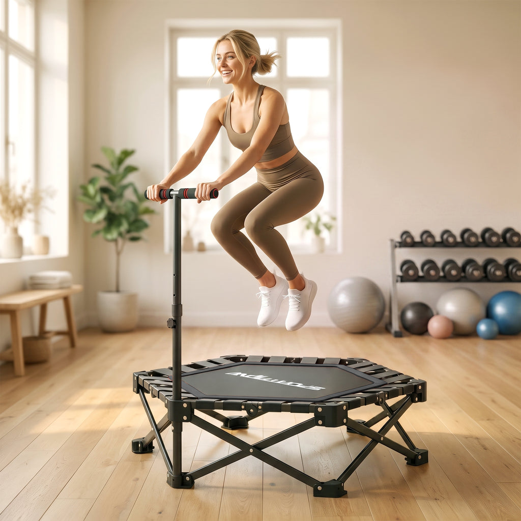 SPORTNOW 104cm Foldable Adult Trampoline with One-Step Opening and Closing System, Adjustable Handle and 24 Bungee Springs, Black