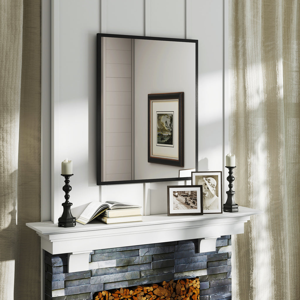 HOMCOM Rectangular Wall-Mounted Bathroom Mirror with Hooks, Glass and MDF Bedroom Mirror, 70x90 cm, Black