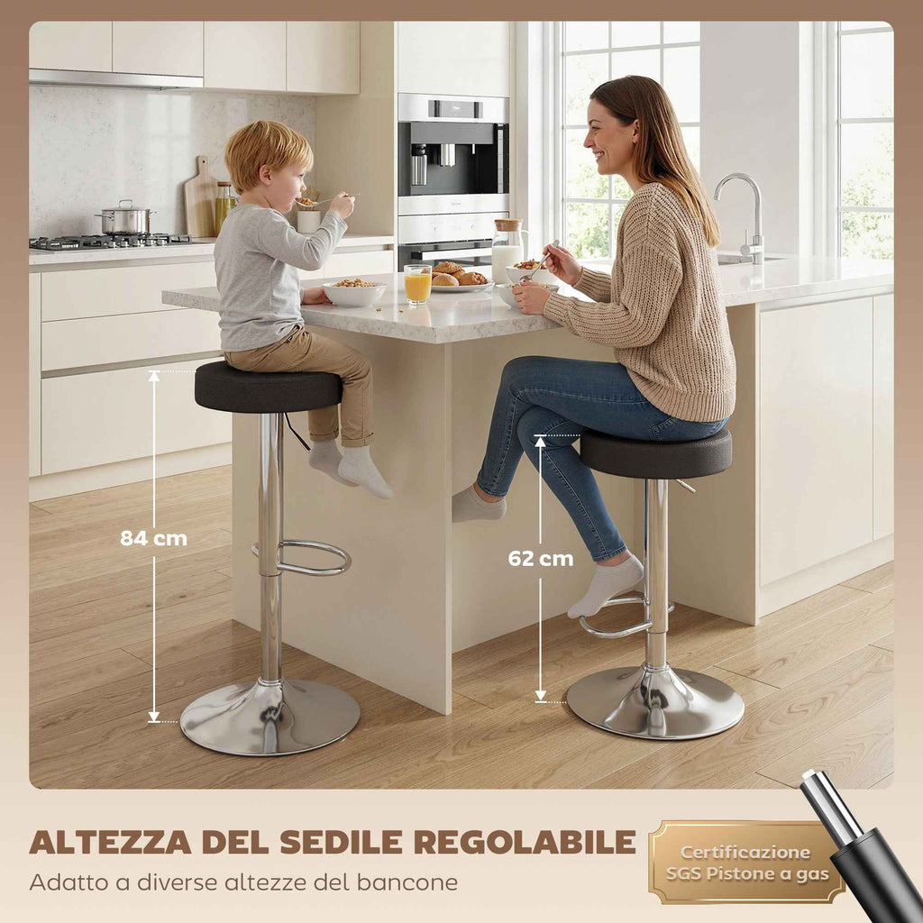 Set of 2 Modern Adjustable Bar Stools, PU Leather, Sponge, and Metal, 38.5 x 38.5 x 62-84 cm, Black