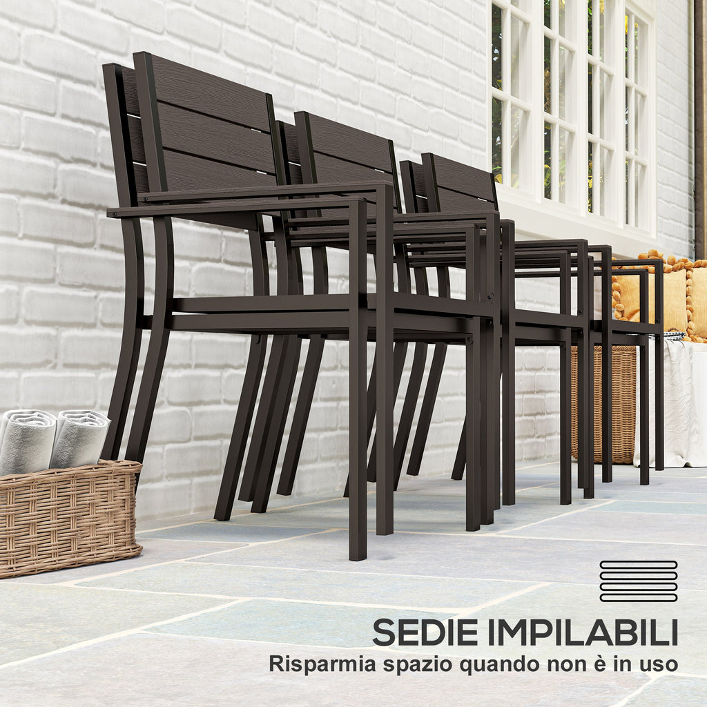 Outdoor Set with Rectangular Dining Table and 6 Stackable Chairs with Armrests, Brown