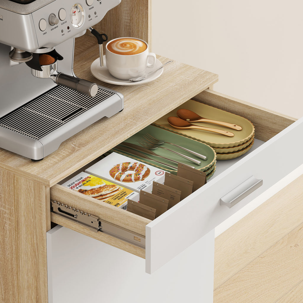 HOMCOM Kitchen Sideboard with Open Shelves, 2 Cabinets and Drawer, in Wood and Metal, 55x40x175 cm, White and Wood