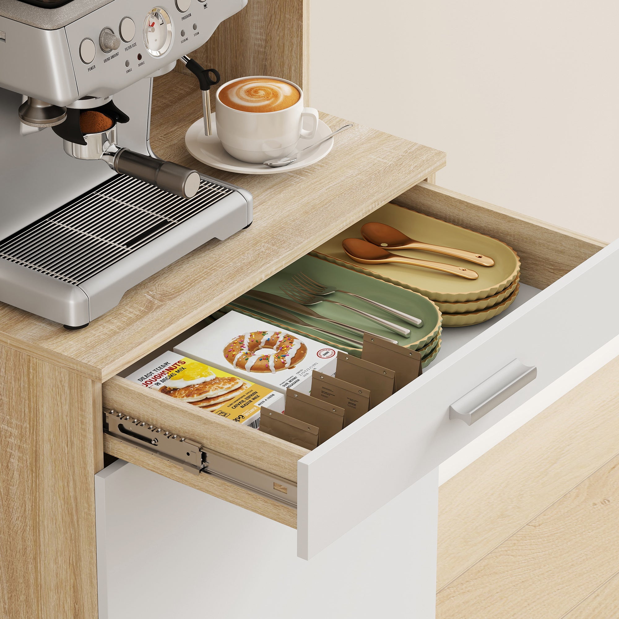 HOMCOM Kitchen Sideboard with Open Shelves, 2 Cabinets and Drawer, in Wood and Metal, 55x40x175 cm, White and Wood