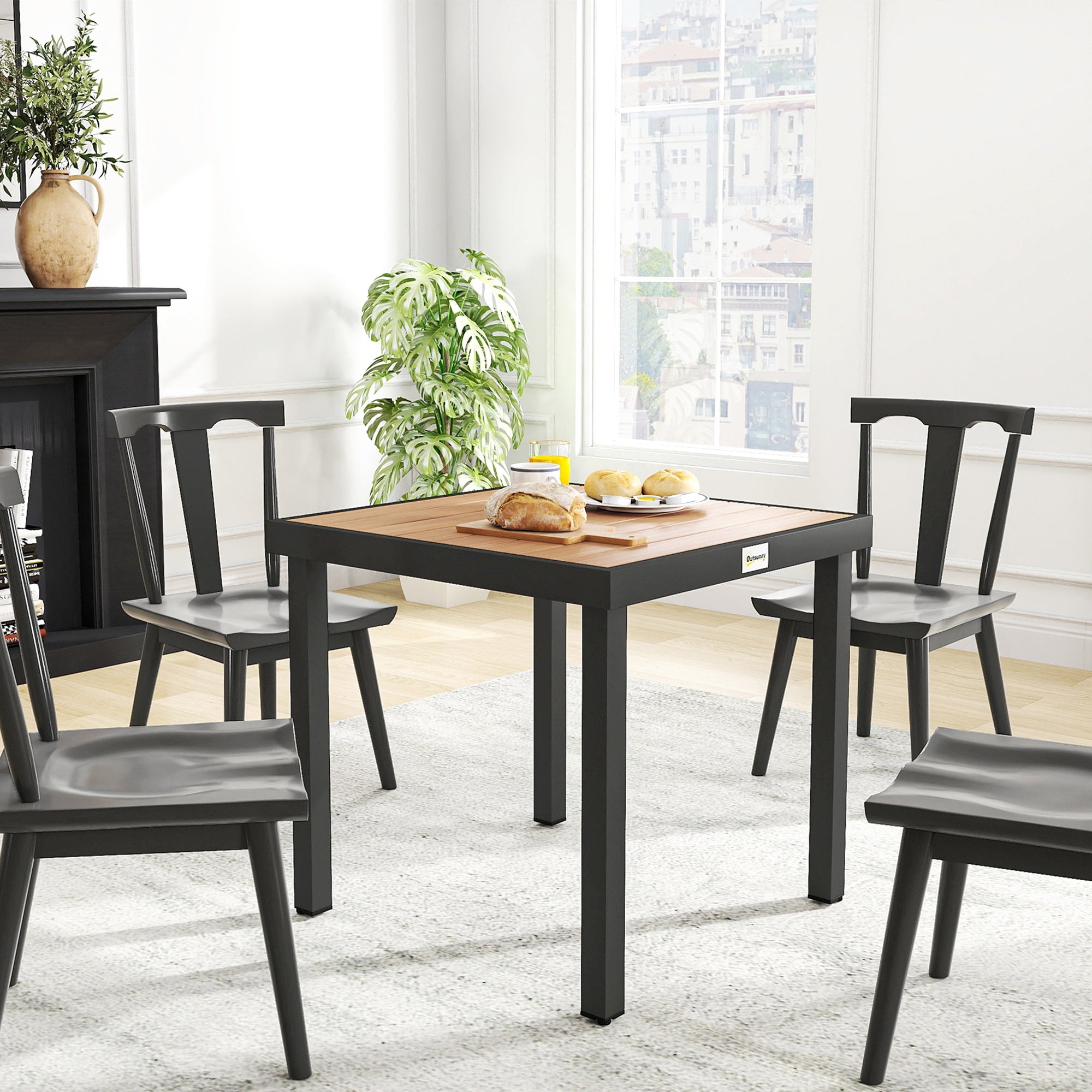 4-Seater Garden Table in Aluminum and Plastic, Black and Wood Color