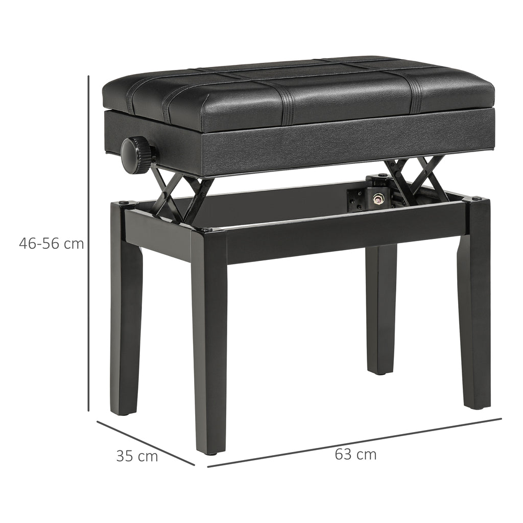 Piano Stool with Adjustable Height and Storage in Wood and Faux Leather, 63x35x46-56cm, Black