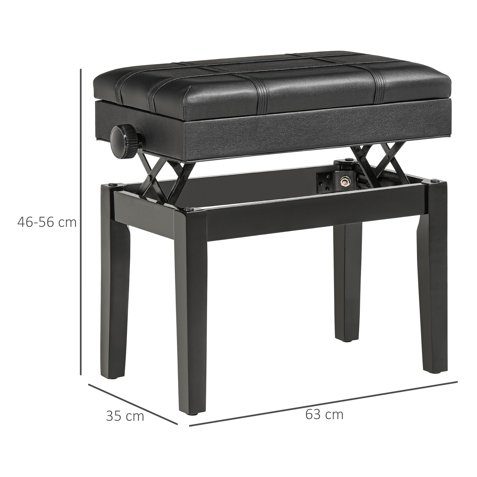 Piano Stool with Adjustable Height and Storage in Wood and Faux Leather, 63x35x46-56cm, Black