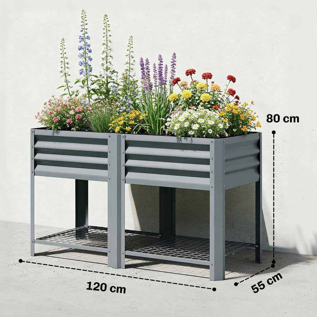 Outsunny Raised Planter with Storage Shelf, 150L, Galvanized Steel, Height 80 cm, for Garden or Outdoor Patio