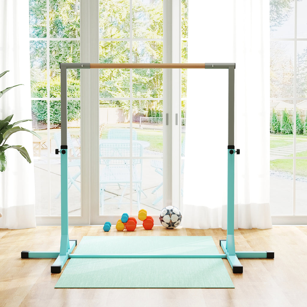 HOMCOM Height-Adjustable Gymnastics Bar for Children Ages 3+, Made of Steel and Solid Beech Wood, Light Blue
