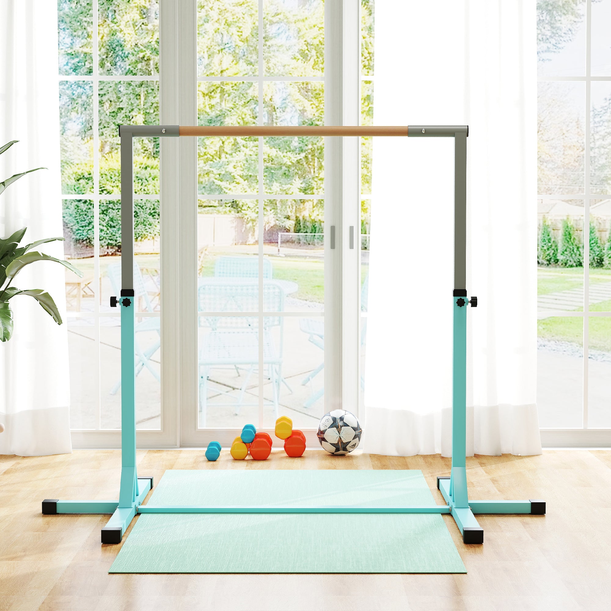 HOMCOM Height-Adjustable Gymnastics Bar for Children Ages 3+, Made of Steel and Solid Beech Wood, Light Blue