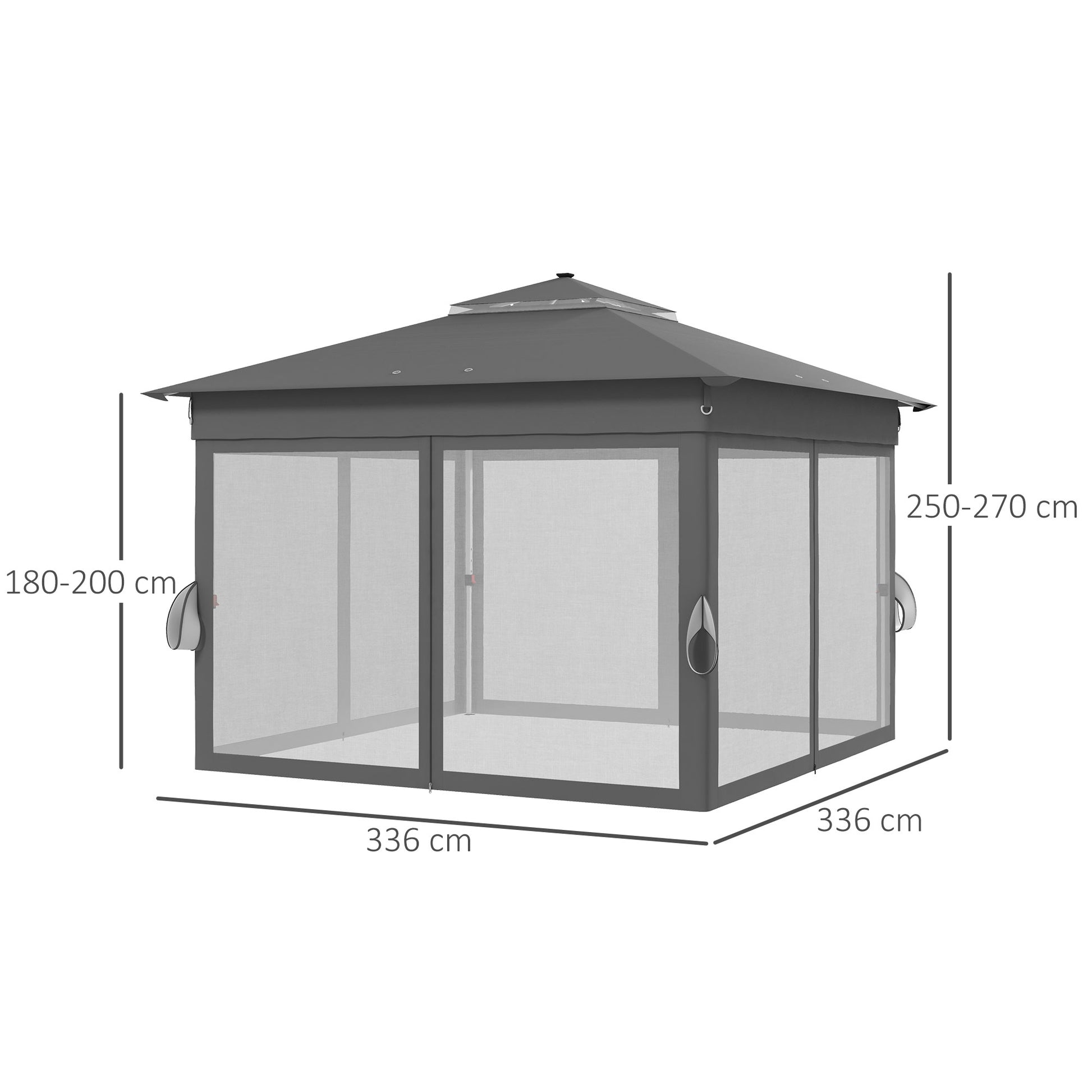 Adjustable Height Garden Gazebo with LED Lights, in Steel and Oxford Fabric, 336x336x250-270 cm, Grey - Borgè