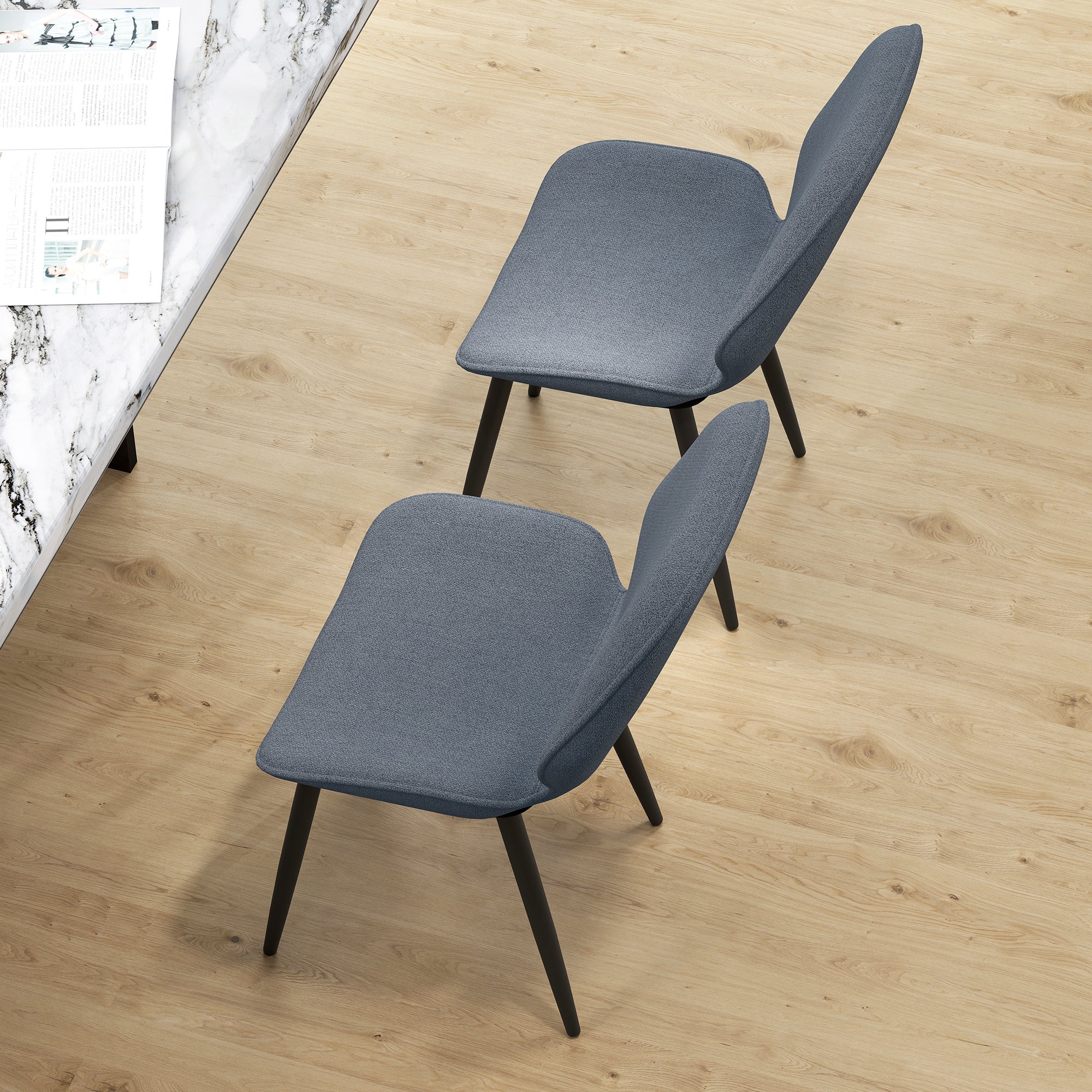 Set of 2 Dining Chairs with Curved Backrest, in Linen Effect Fabric, Foam and Steel, 46x56x86 cm, Grey and Black