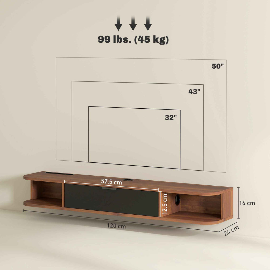 HOMCOM Wall-Mounted TV Stand for up to 50" with Drawer, 2 Open Shelves and Cable Hole, 120x24x16 cm, Walnut
