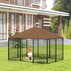 PawHut Metal and Oxford Fabric Dog Playpen with Bowl Door, 211x141x151 cm, Black and Brown