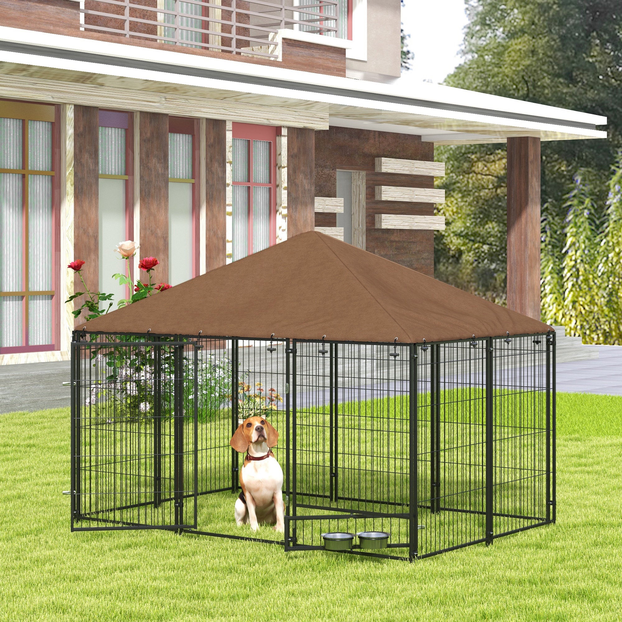 PawHut Metal and Oxford Fabric Dog Playpen with Bowl Door, 211x141x151 cm, Black and Brown